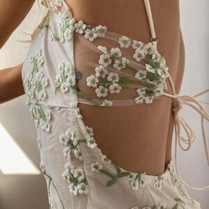 Beige Botany: Green & White Floral Embroidered Lace mini dress. Delicate, fairy